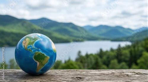 A blue globe sitting on top of a piece of wood.