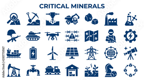 Bild auf Leinwand Critical minerals icons and symbols representing extraction industry technology