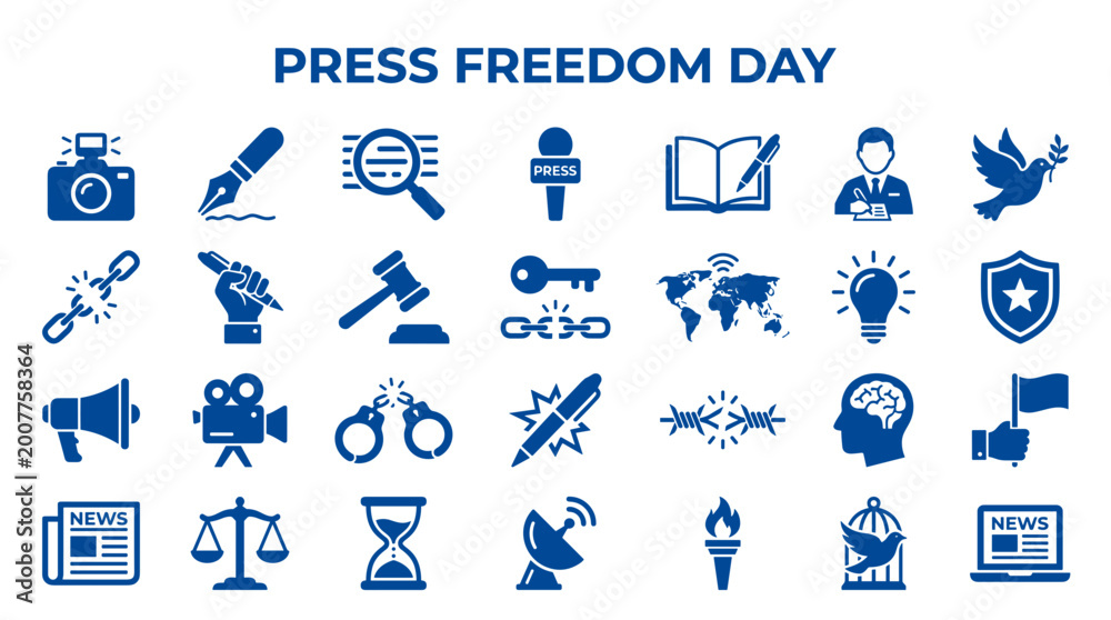 Fototapeta premium Press Freedom Day icons celebrating journalism and free speech with symbols of camera news microphone book and justice concepts