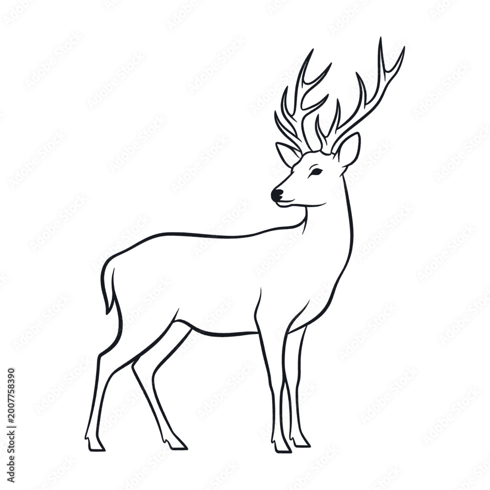 Fototapeta premium Elegant outline illustration of a majestic stag with large antlers standing gracefully.
