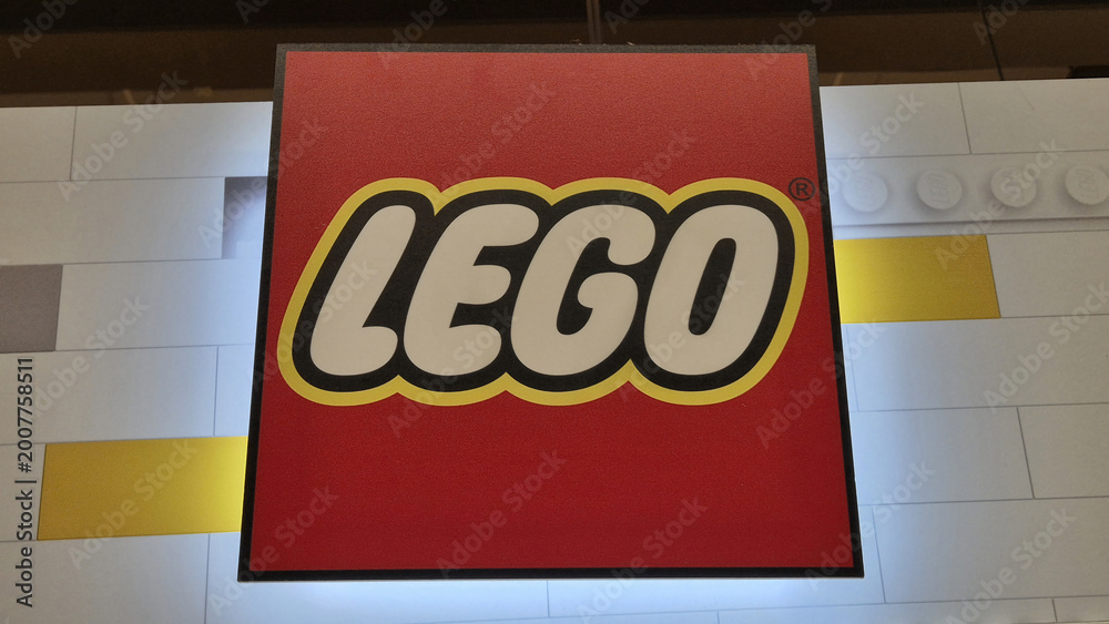 Fototapeta premium A close-up of the iconic square red LEGO logo with white and black outlined bubble lettering. Picture taken on April 27, 2026 in Bucharest, Romania.