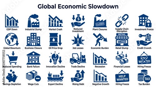 Schilderij op canvas Global Economic Slowdown Icons Illustrating Financial Crisis Recession and Busin