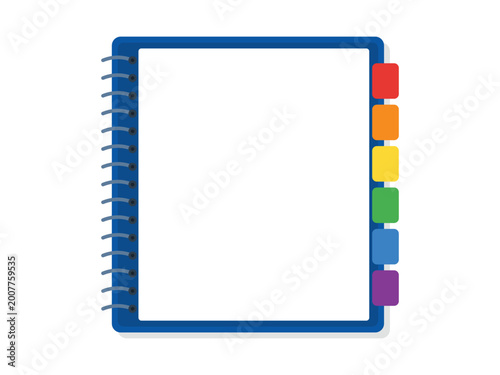 Single spiral notebook with colorful index tabs and blue cover front view isolated vector illustration.