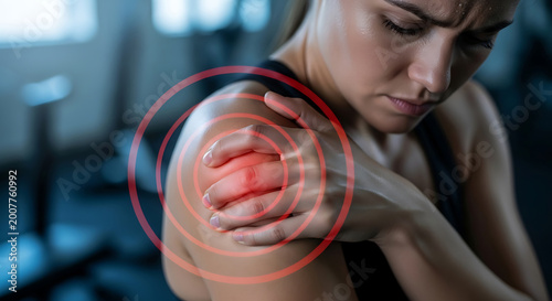 Athletic Woman Suffering from Severe Shoulder Pain in Gym with Red Circular Inflammation Graphic Concept of Sports Injury Muscle Strain and Joint Health Issues