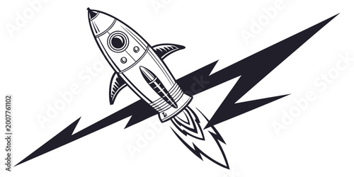 Foto Retro illustration of a rocket ship in flight with fire exhaust and a diagonal l