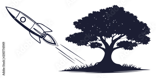 Tableau sur toile Silhouette of a rocket ship launching upwards past a large leafy tree and grass