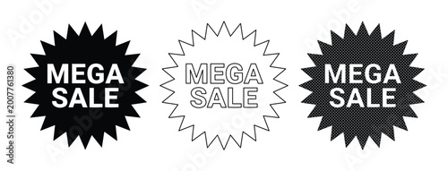 Fotografía メガセール ギザギザのバッジアイコン 3点セット, MEGA SALE テキスト入り 爆弾ステッカー ベクター素材, プロモーション用 白黒 セールラベル デザ