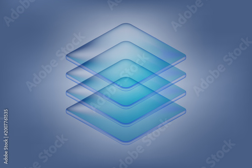 Abstract isometric layers of blue glass forming a stack. Conceptual design for data storage, cloud computing and digital infrastructure, vector illustration