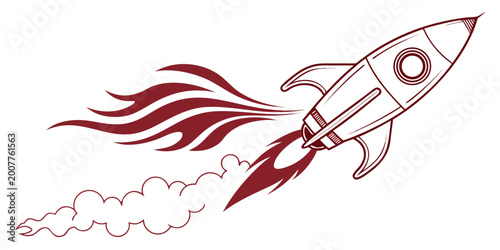 Εκτύπωση καμβά Stylized red outline rocket launching with fiery exhaust and smoke trails repres