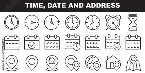 Time, date and address line icons set. calendar, clock, gps point, flag point, globe point Containing hourglass, pin, stopwatch. Editable stroke for mobile and web. Isolated on white background. 