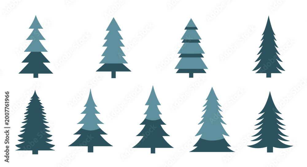 Fototapeta premium Collection of various pine tree silhouettes in different shades of blue and green for forest and nature design concepts.