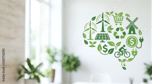 A green sticker on a white wall depicting a windmill, a solar panel, and a bicycle.