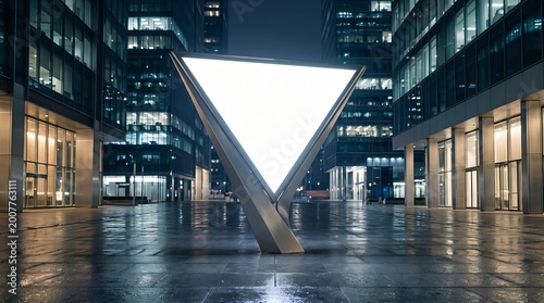 A large illuminated triangular sculpture stands in a modern city square at night surrounded by lit buildings and wet pavement.