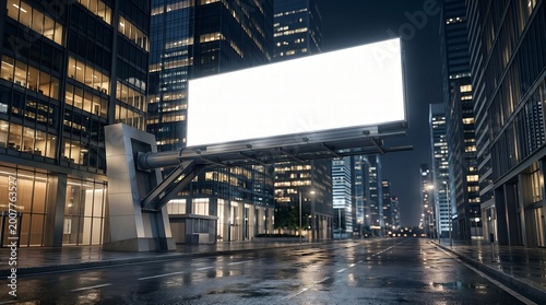 A large blank billboard stands prominently on a bridge over a wet city street at night with skyscrapers around.