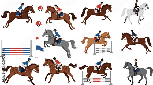 Konstfotografi Equestrian Show Jumping Collection with Riders and Horses Jumping Obstacles Flat
