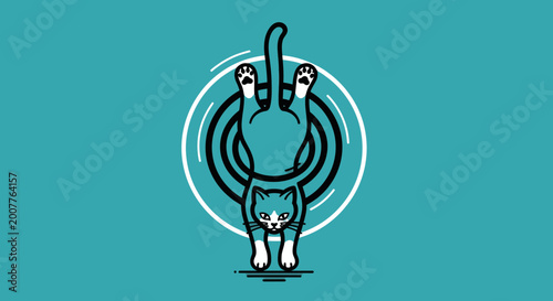 Playful cartoon cat hanging upside down in a circle, vector illustration, modern flat design, vibrant teal background