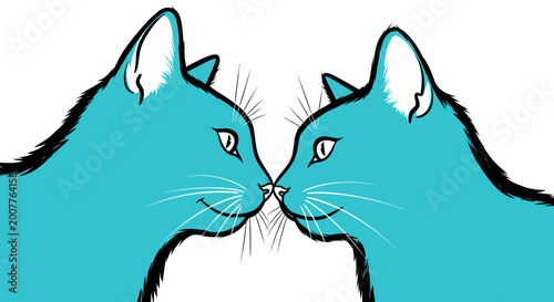 Two cartoon turquoise cats touching noses, close-up, white background, illustration