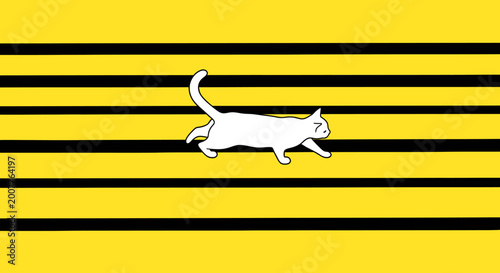White cat walking on yellow and black striped background, playful and whimsical illustration, cute animal graphic