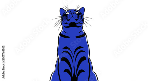 Stylized Blue Tiger Cat Sitting Upright Looking Upwards with White Eyes and Black Stripes