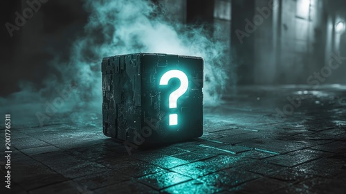 Glowing question mark symbol on a textured black cube in a misty dark alley for mystery gaming and puzzle marketing