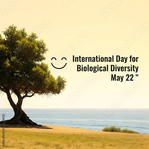 International Day for Biological Diversity Isolated Smiling Tree and Calm Blue Ocean Waves on the Right Side