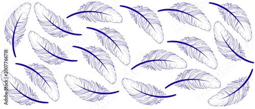 A minimalist seamless pattern featuring hand-drawn, illustrative feathers. The feathers are arranged in a tossed layout, meaning they are rotated and scattered at different angles 