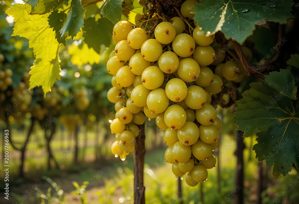 Fototapeta premium Bunch of ripe white grapes hanging from a vine in a vineyard green leaves