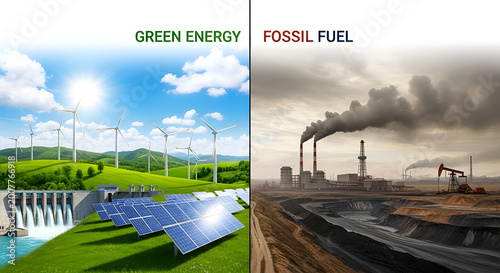 Illustrative contrast between sustainable green energy solutions, featuring solar panels and wind turbines, and the environmental degradation caused by fossil fuel industries