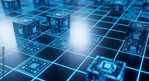 Dynamic visualization of interconnected digital data blocks forming a secure network grid, representing advanced computing, blockchain technology, and future data processing