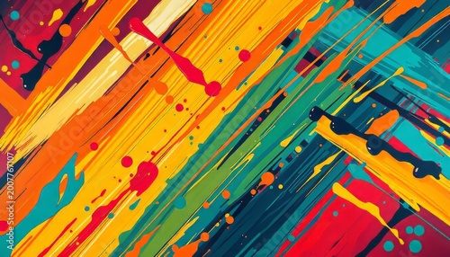 Seamless illustration of a colorful abstract grunge background featuring circular patterns and floral leaf shapes on a yellow star texture for a decorative rainbow wallpaper design
