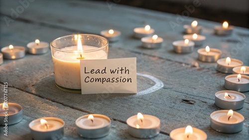 Single lit candle with compassion message surrounded by unlit candles