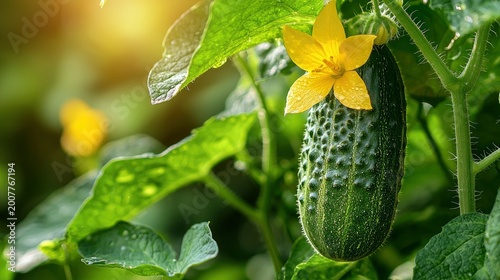 Young cucumber ripening with yellow flower on garden vine in golden morning light for organic agricultural marketing