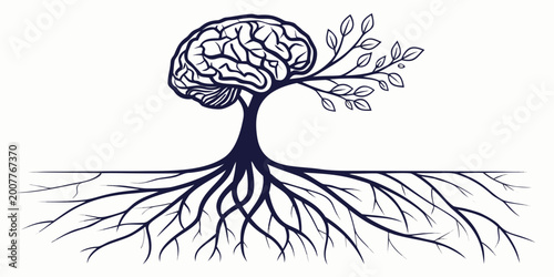 Obraz na płótnie Organic brain tree with roots and developing leaves symbolizing growth and natur