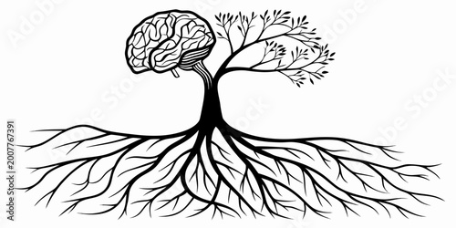 Tableau sur toile Creative human brain tree with root system and outreaching branches representing