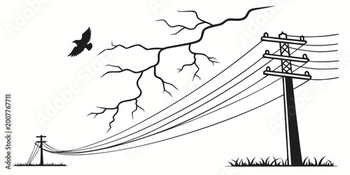Photos Minimalist black and white illustration of power lines utility poles and a flyin