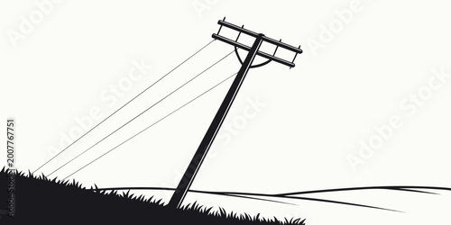 Tableau sur toile Wooden utility pole with electrical wires leaning on a grassy slope symbolizing