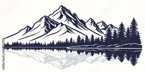 Fotografie Symmetrical landscape illustration of mountain peaks reflected in a still lake w