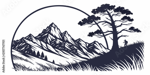 Photos Detailed mountain landscape graphic in circular frame featuring a hiker climbing