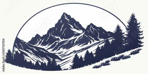 Fotografie Semicircle mountain range landscape with dense pine forest silhouette and snow c