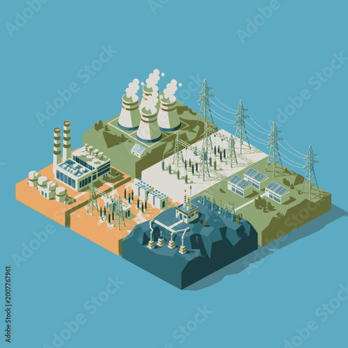 Fotografi Isometric illustration of a power generation and distribution system, showing different energy sources and infrastructure