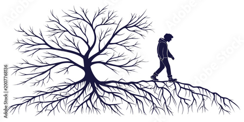 Bild auf Leinwand Silhouette illustration of a man walking on a path made of intricate tree roots