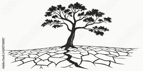 Obraz na płótnie Conceptual illustration of a solitary tree standing on parched and cracked earth