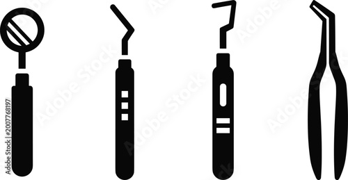 Fotografi Dental mirror scaler probe and tweezers silhouette vector set icons isolated on