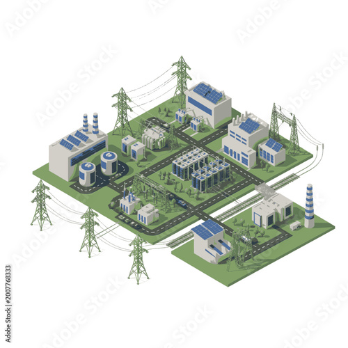 Fotografie Smart grid energy network with power plants, substations, and solar panels, showcasing modern electricity distribution infrastructure