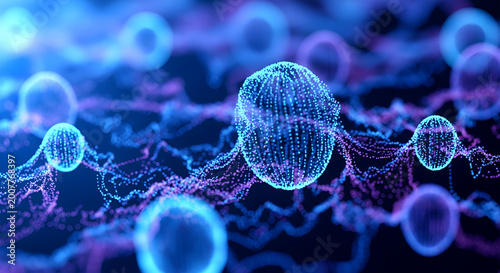 Glowing blue and purple orbs float amidst vibrant network connections in a dark space.