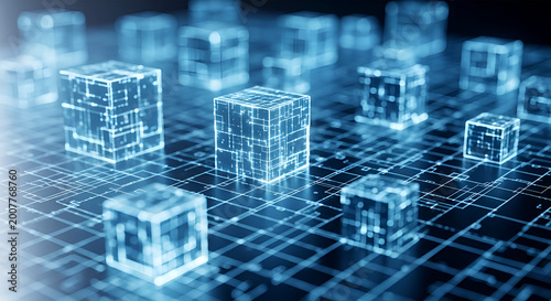 Glowing blue cubes are arranged on a grid background for technology