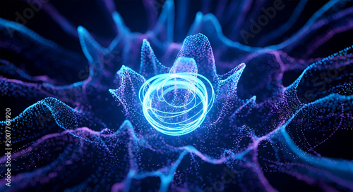 A vibrant blue and purple abstract art piece featuring glowing circular patterns and radiant lines on a dark background.
