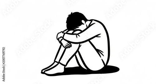 Photos Man sitting alone curled up in a ball illustration.