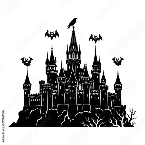 Foto Gothic Castle Silhouette Vector – Multi-Turreted Fortress with Raven Black Shado