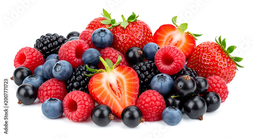 A vibrant assortment of fresh mixed berries strawberries, raspberries, blueberries, and blackberries, ideal for healthy snacks and culinary uses